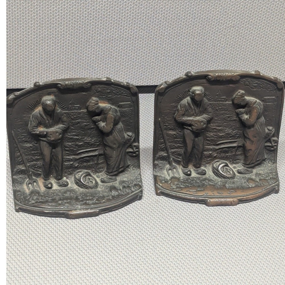 VTG Cast Iron Angelus Prayer at Harvest Bookend Set Bronze Tone Francois Millet